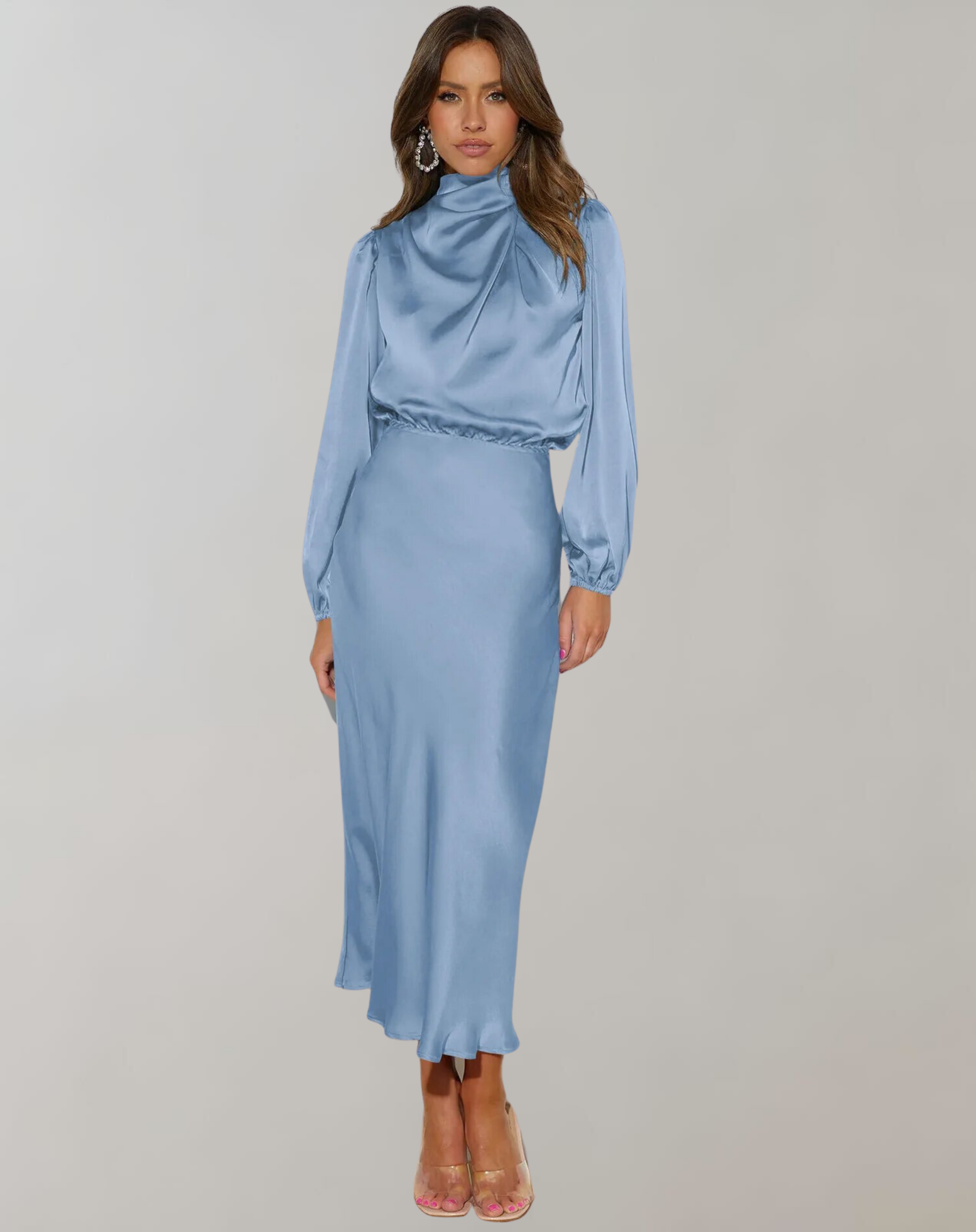 Satin Mock Neck Draped Bishop Sleeve Elastic Waist Midi Dress