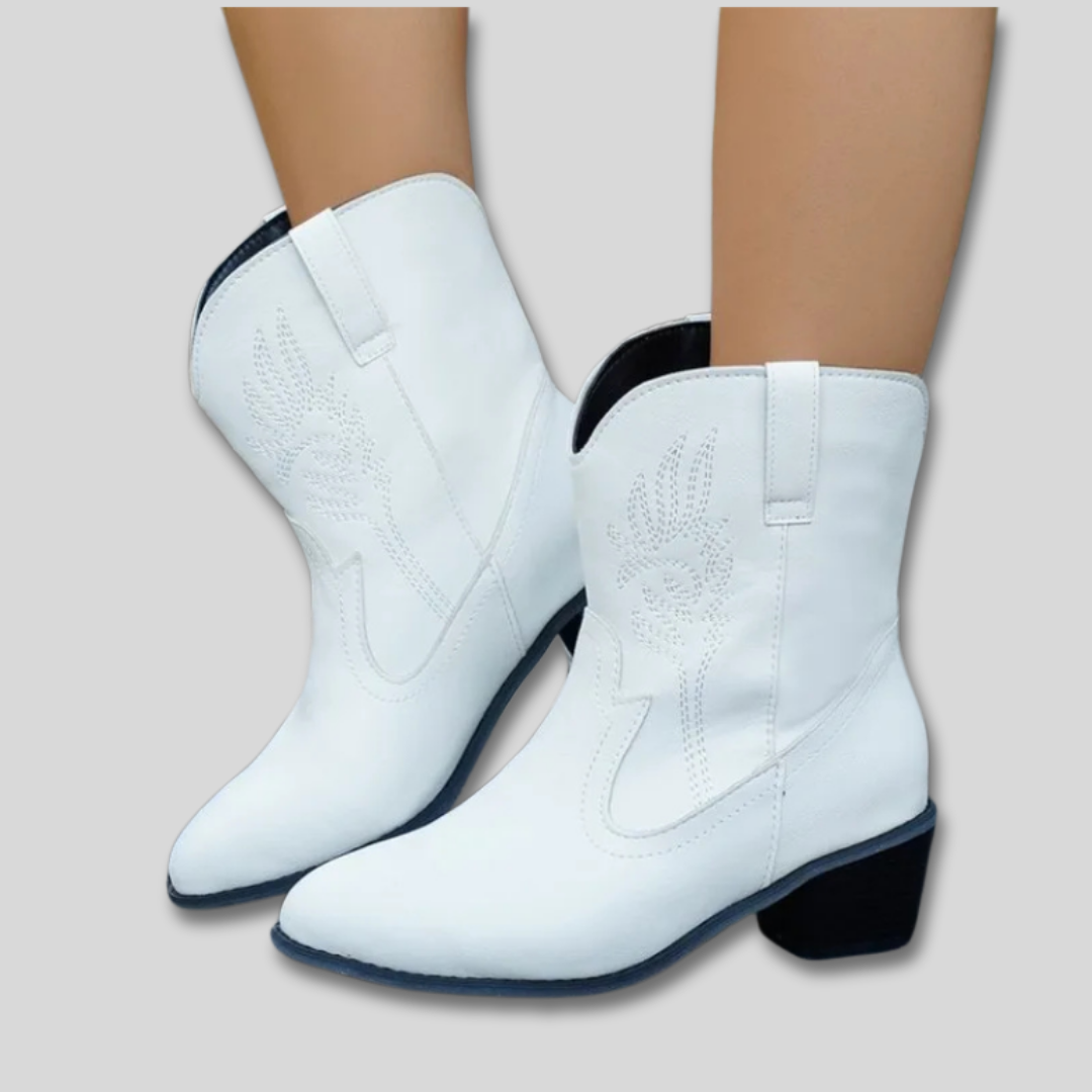 Embroidered Pointed Toe Suede Look Block Heel Western Ankle Boots