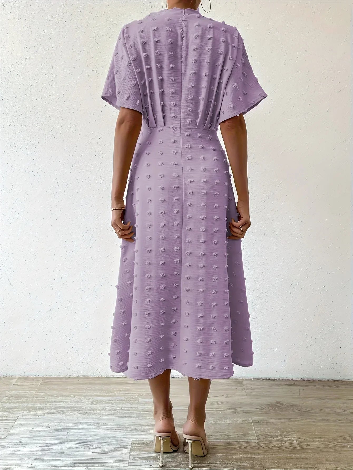 Swiss Dot Flutter Sleeve Pleated Back A-Line Midi Dress