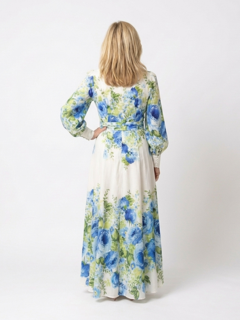 Floral Band Collar Long Sleeve Button Front Belted Maxi Dress