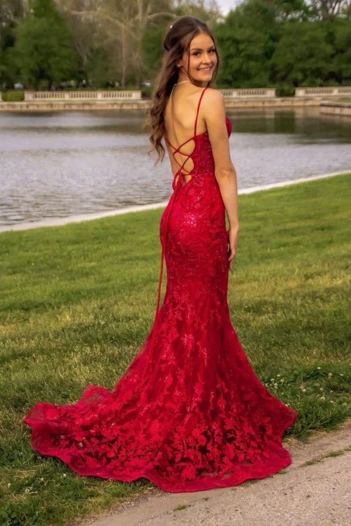 Burgundy Mermaid Lace Sequins Prom Dress Formal Wear Dresses