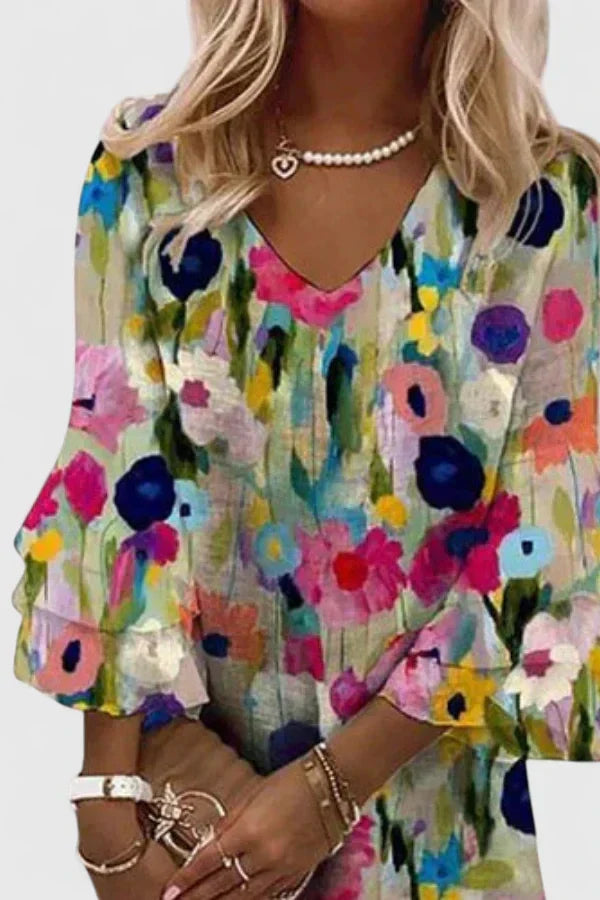 Floral Print V-Neck Ruffle Sleeve Shift Mini Dress