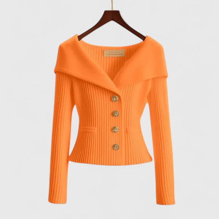 Portrait Collar Button Front Ribbed Knit Sweater