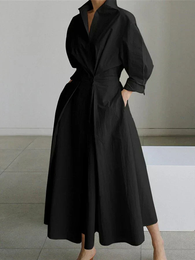 Lapel Collar Lantern Sleeve Pleated A-Line Pocket Midi Shirt Dress