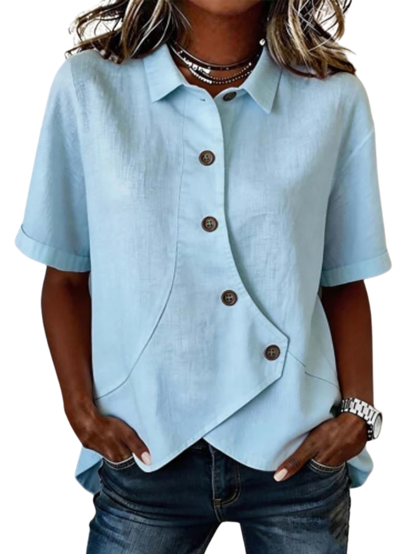 Collared Short Sleeve Button Front Asymmetric Hem Shirt