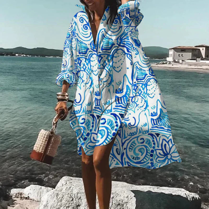 Tropical Floral Print Button Down Collar Long Sleeve Oversized Mini Shirt Dress