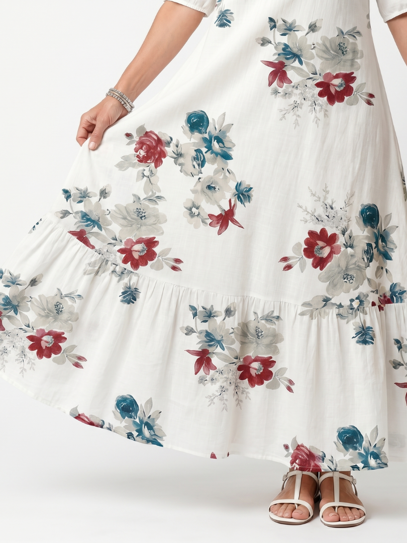 Floral V-Neck Tie Neck Short Sleeve Tiered Maxi Dress