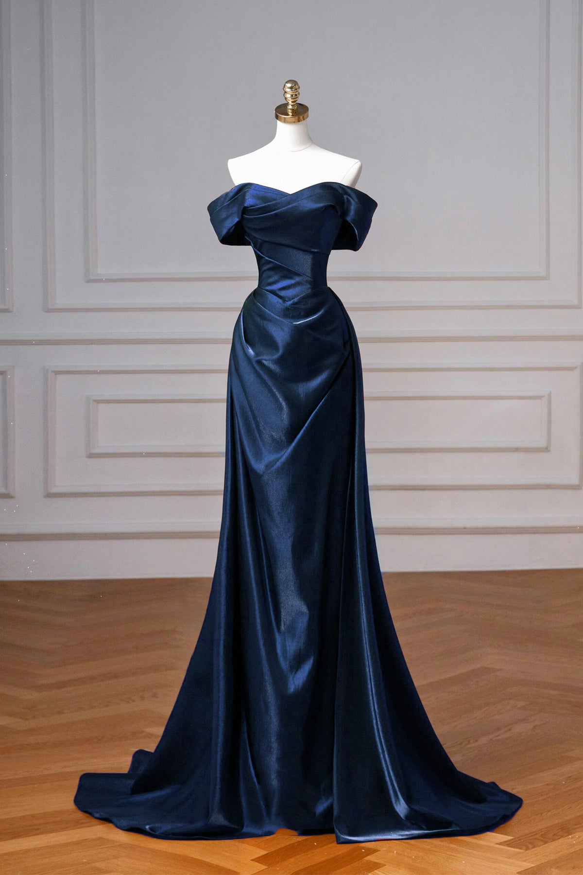 Navy Satin Long Prom Dress, Elegant Off the Shoulder Party Dress     fg7646