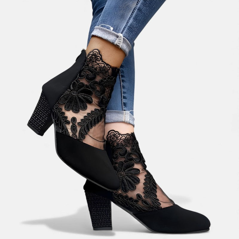 Floral Lace Mesh Panel Studded Block Heel Ankle Boots