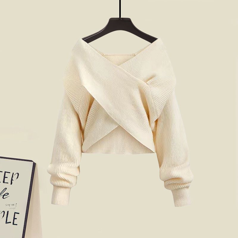 Square Neck Sleeveless A-Line Midi Dress and Cropped Off Shoulder Wrap Knit Sweater Two-Piece Set