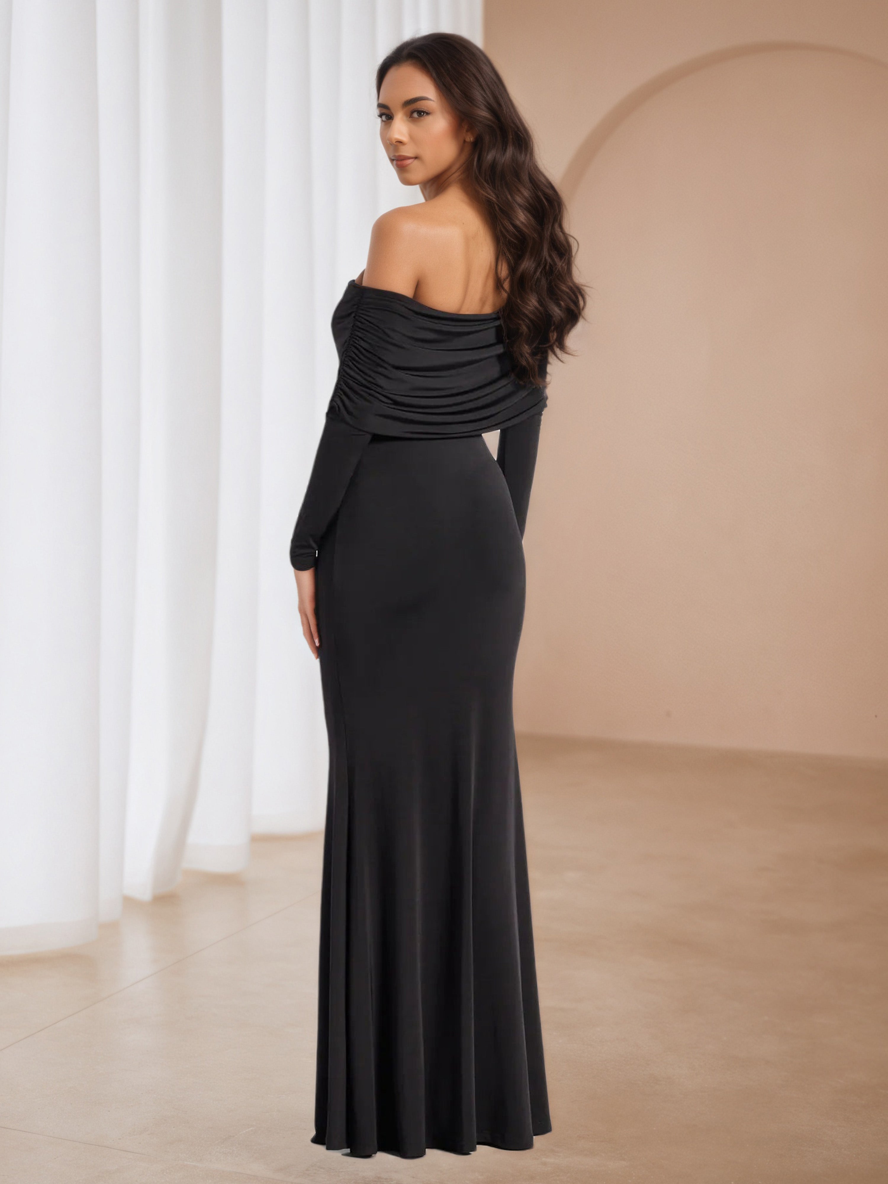 Black Long Sleeves Off The Shoulder Sheath Formal Dresses