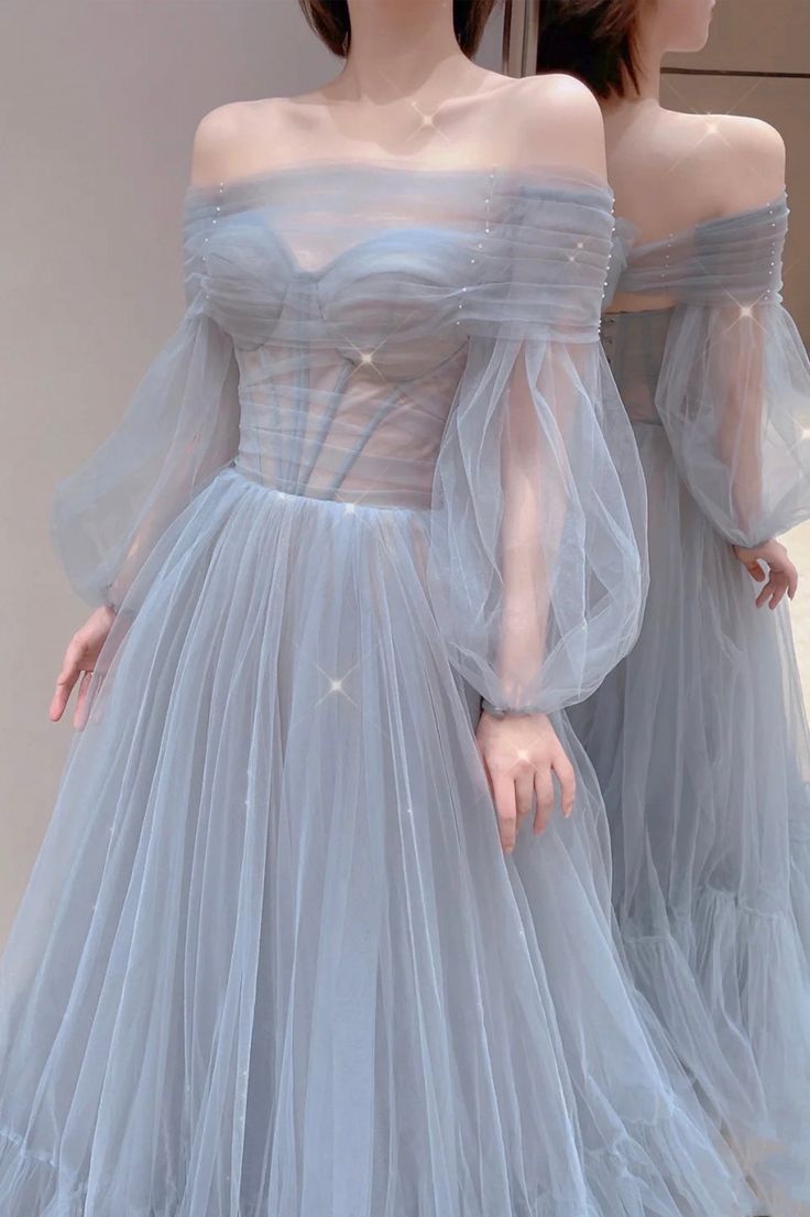Blue Tulle Long Prom Dress Beautiful Long Sleeve Tulle Evening Dress