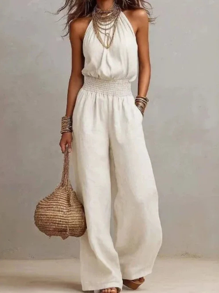 Halter Neck Smocked Waist Wide Leg Jumpsuit 2