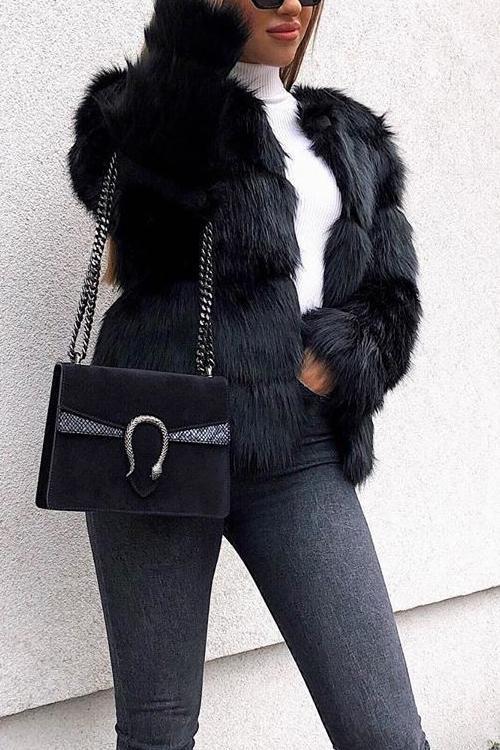 Layer O Neck Faux Fur Coat
