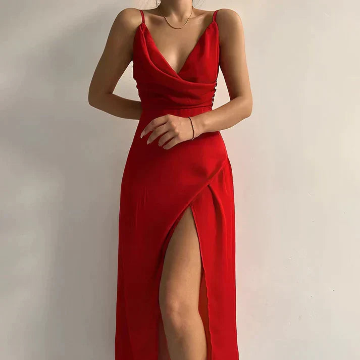 Spaghetti Strap Surplice Wrap V-Neck Ruched High Split Maxi Dress - View 2