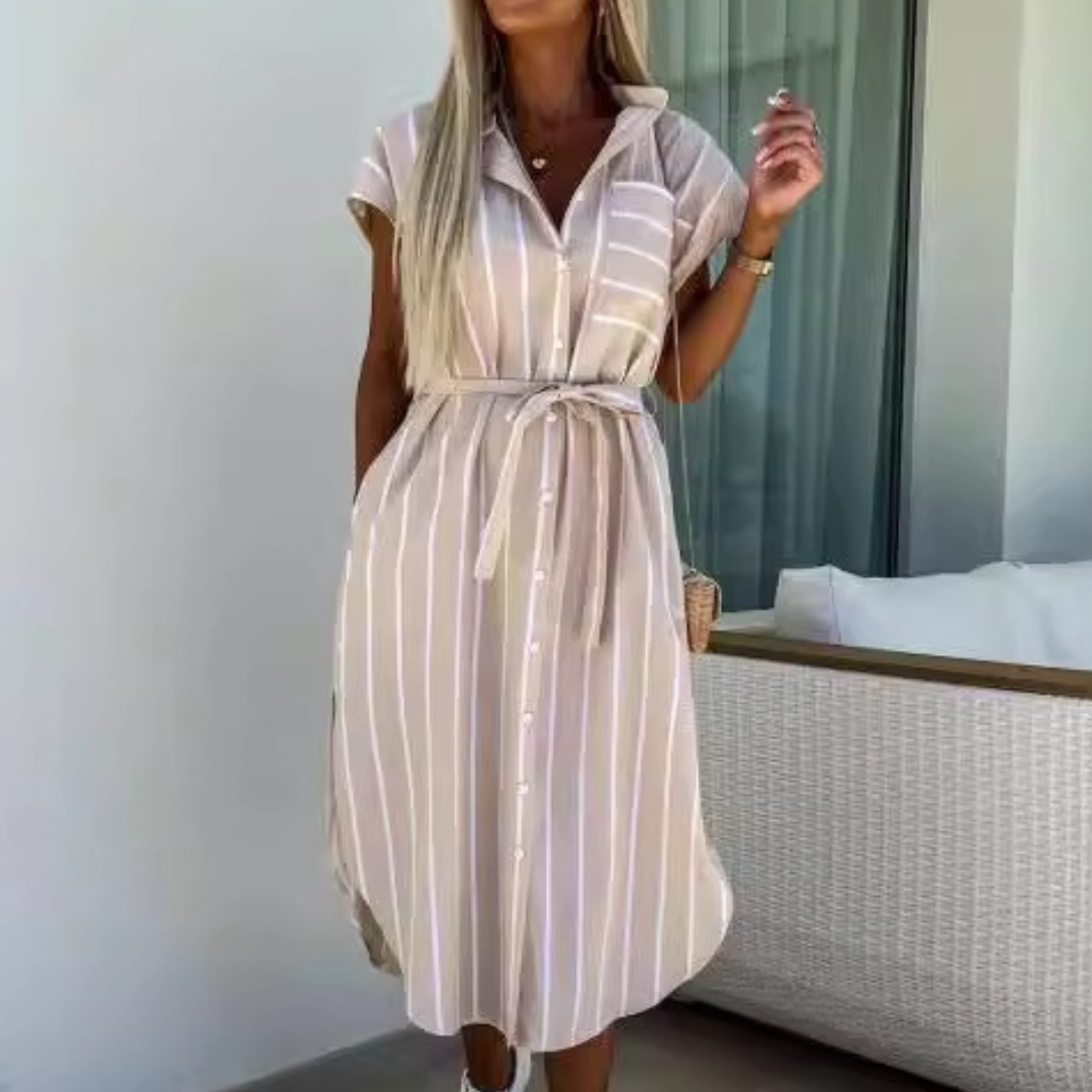 Striped Collared Cap Sleeve Belted Button Front Midi Shirt Dress