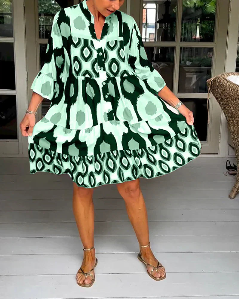 Abstract Geometric Print V-Neck Button Front Tiered Ruffle Cuff Midi Dress