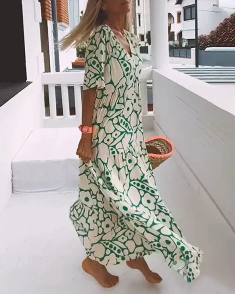 Abstract Floral Print V-Neck Flutter Sleeve Tiered Maxi Dress