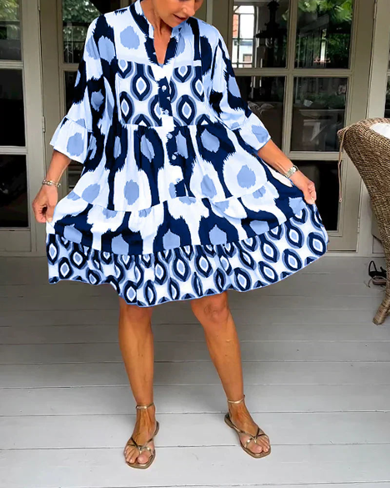 Abstract Geometric Print V-Neck Button Front Tiered Ruffle Cuff Midi Dress