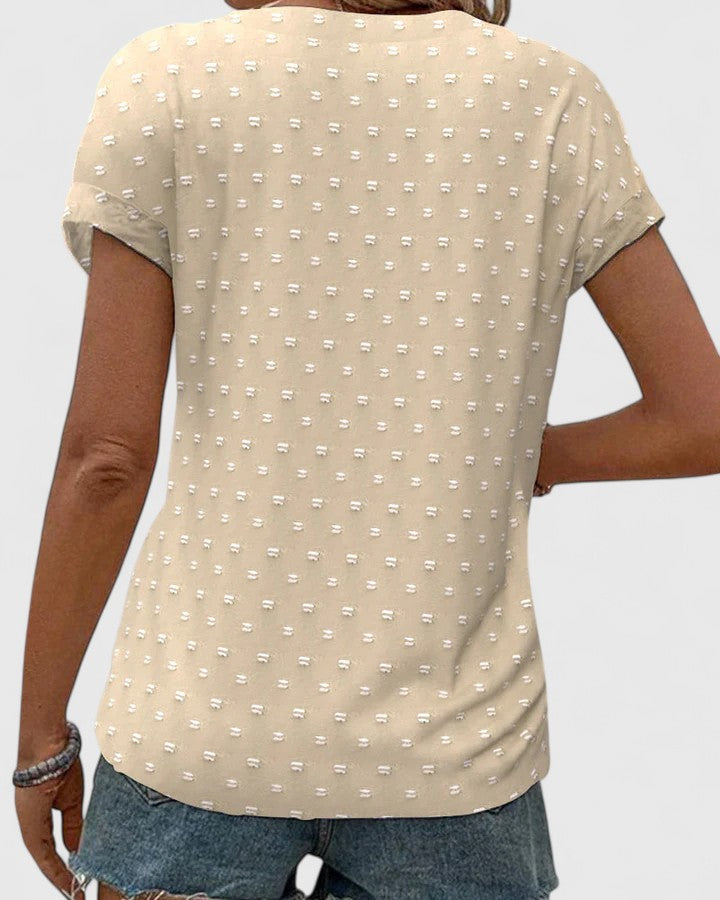 V-Neck Short Sleeve Button Front Textured Dot Blouse