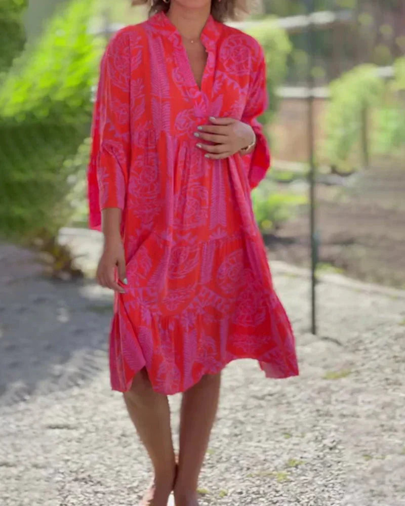 Bell Sleeve Ruffle Cuff Deep V-Neck Tiered Shift Mini Dress