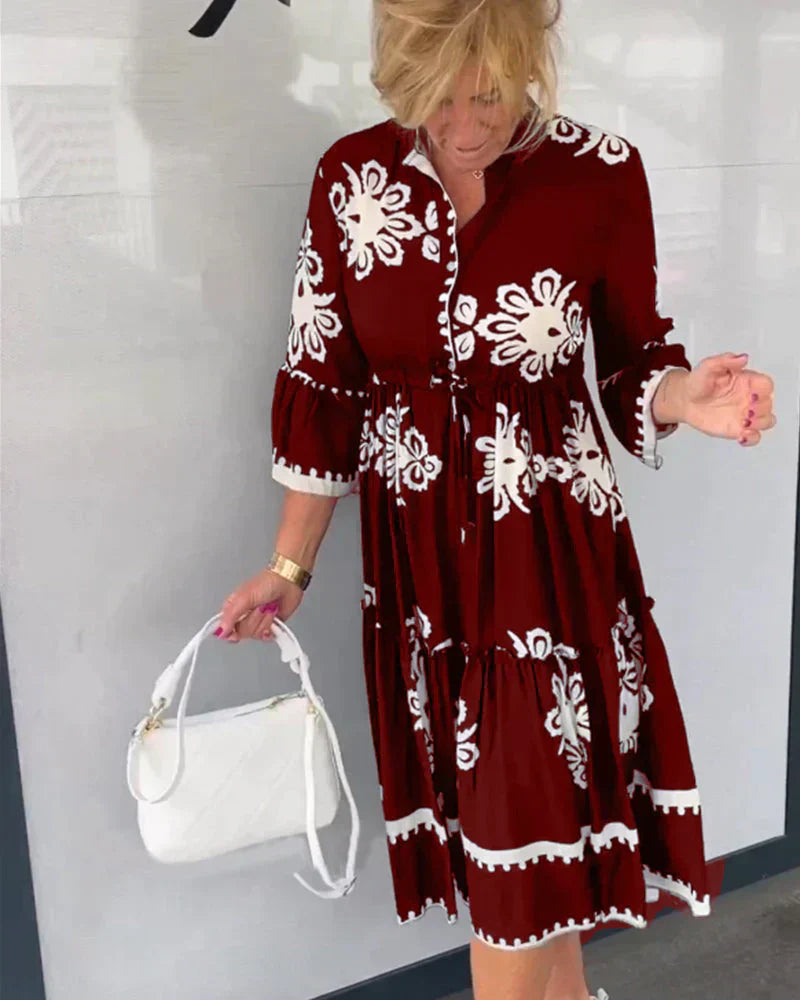 Border Trim Button Front V-Neck Drawstring Waist Tiered Ruffle Cuff Midi Shirt Dress