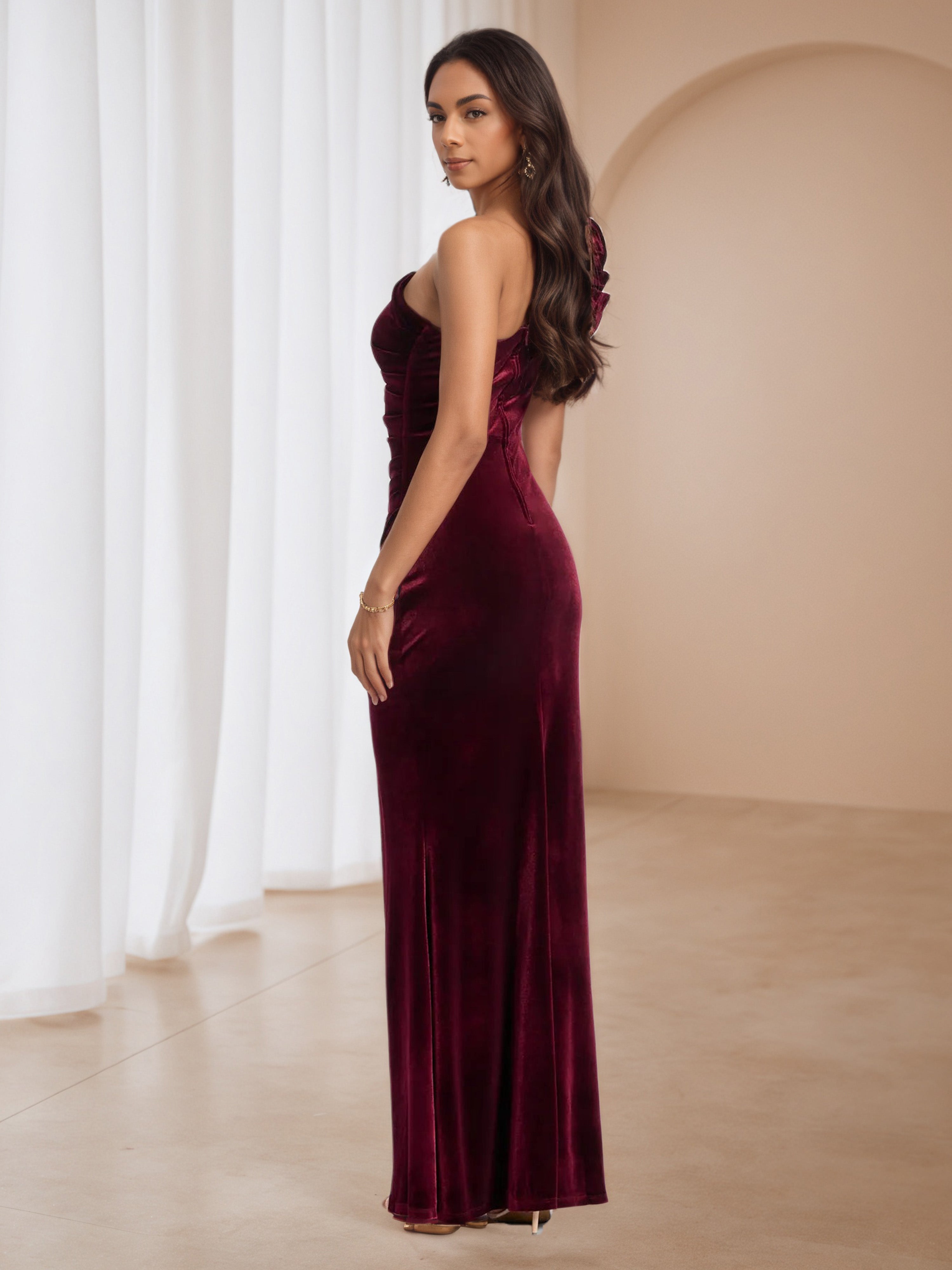 Flower Burgundy One Shoulder Formal Dresses