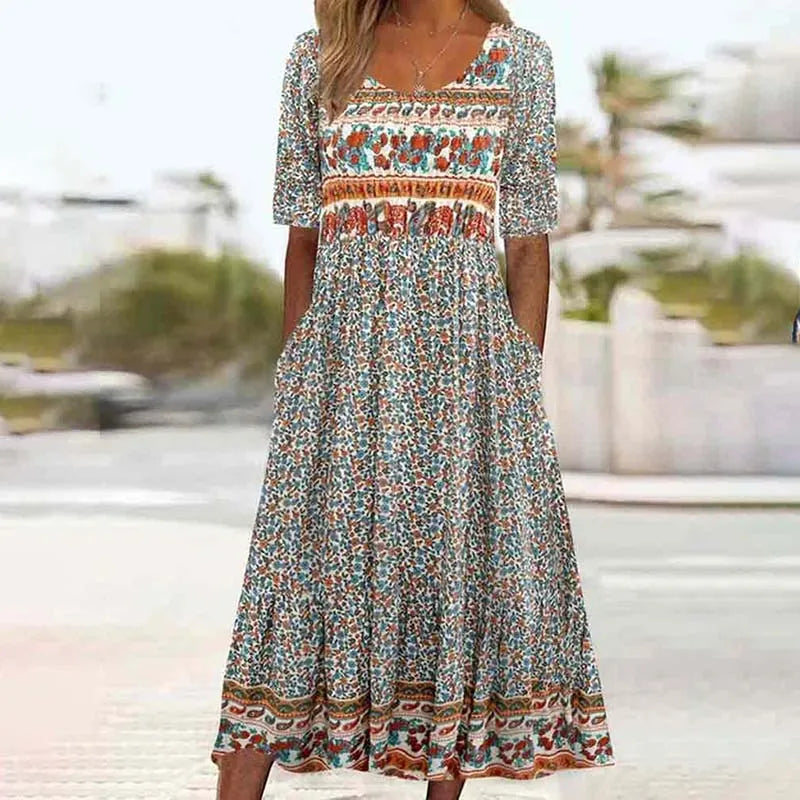 Floral Print Scoop Neck Short Sleeve Tiered Ruffle Empire Waist Midi Dress