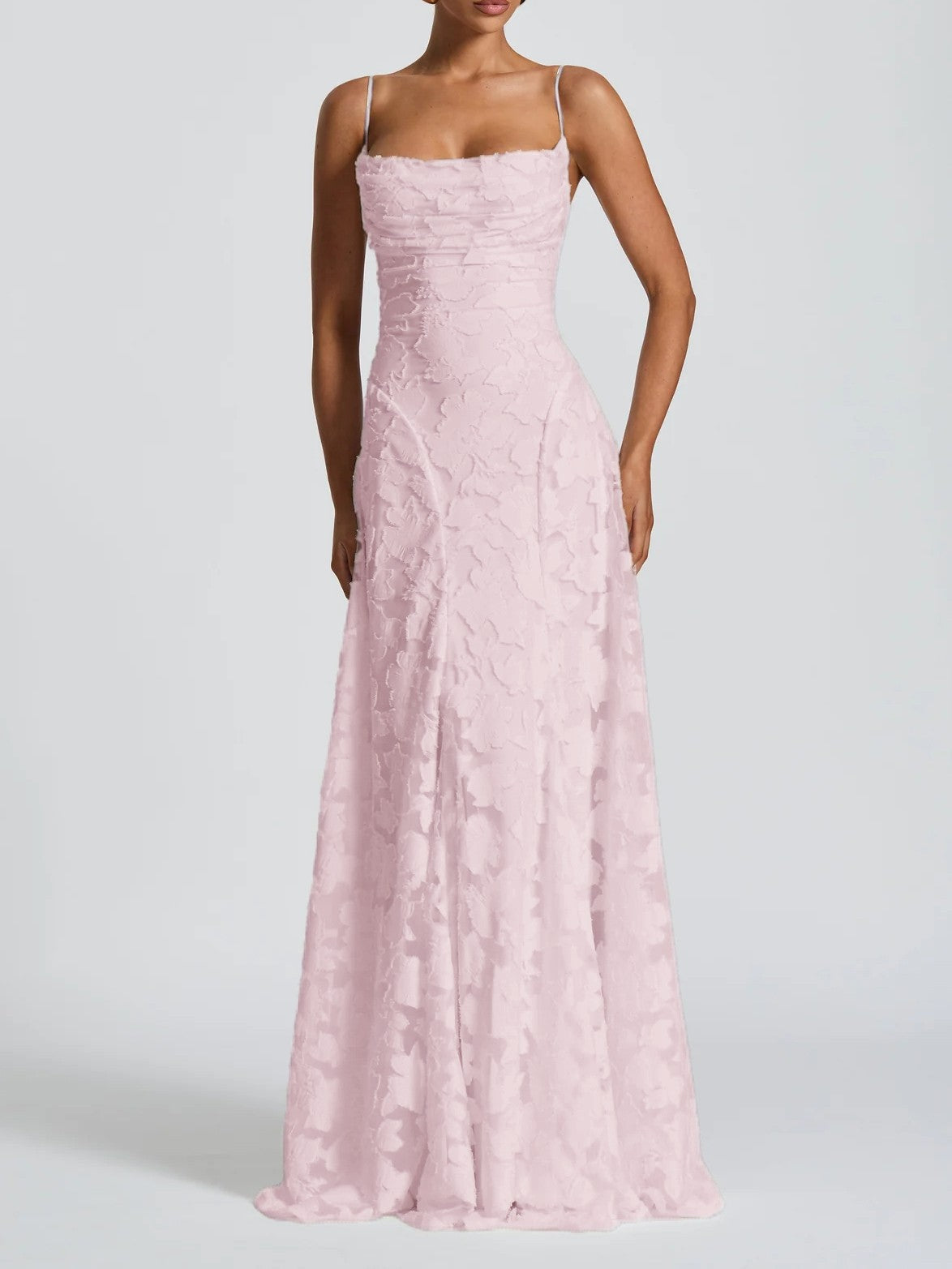 Floral Applique Spaghetti Strap Sleeveless A-Line Maxi Dress