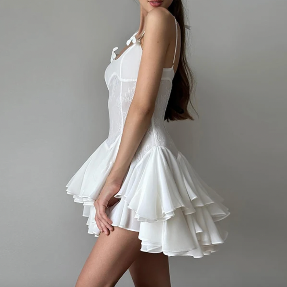 Lace Bustier Spaghetti Strap Tiered Ruffle Mini Dress 4