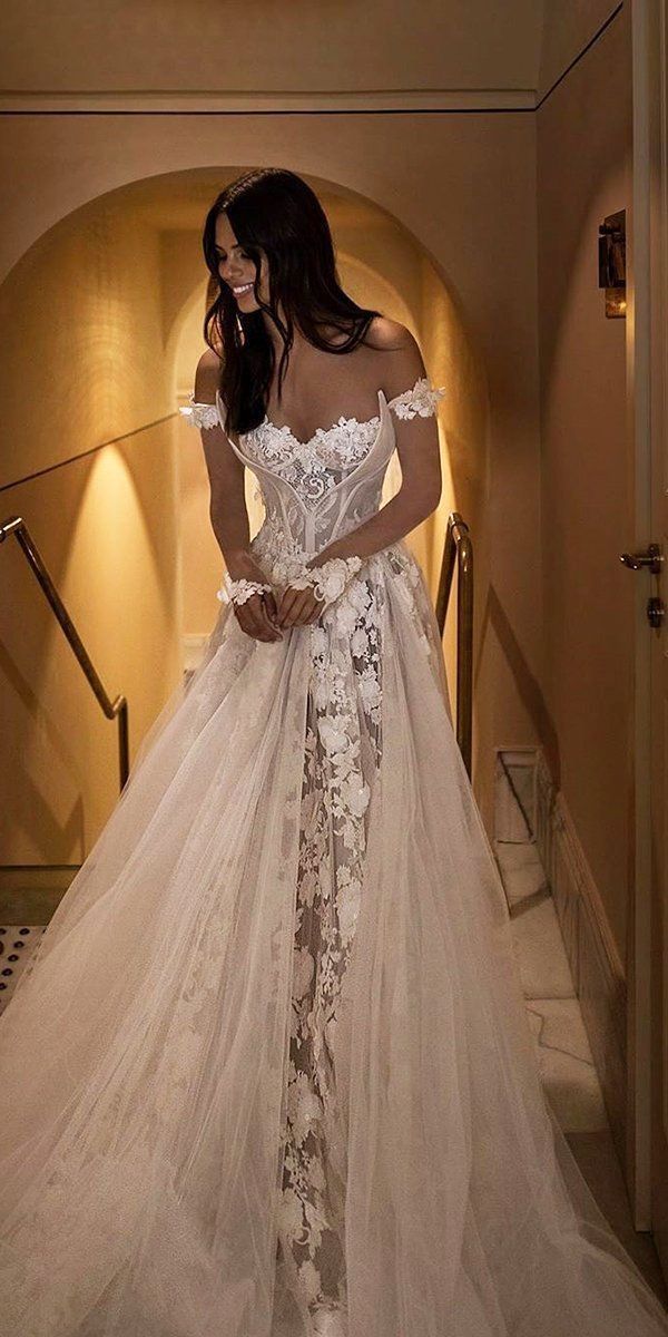Off The Shoulder Sweetheart Applique Lace Long Sleeves Long Wedding Dress