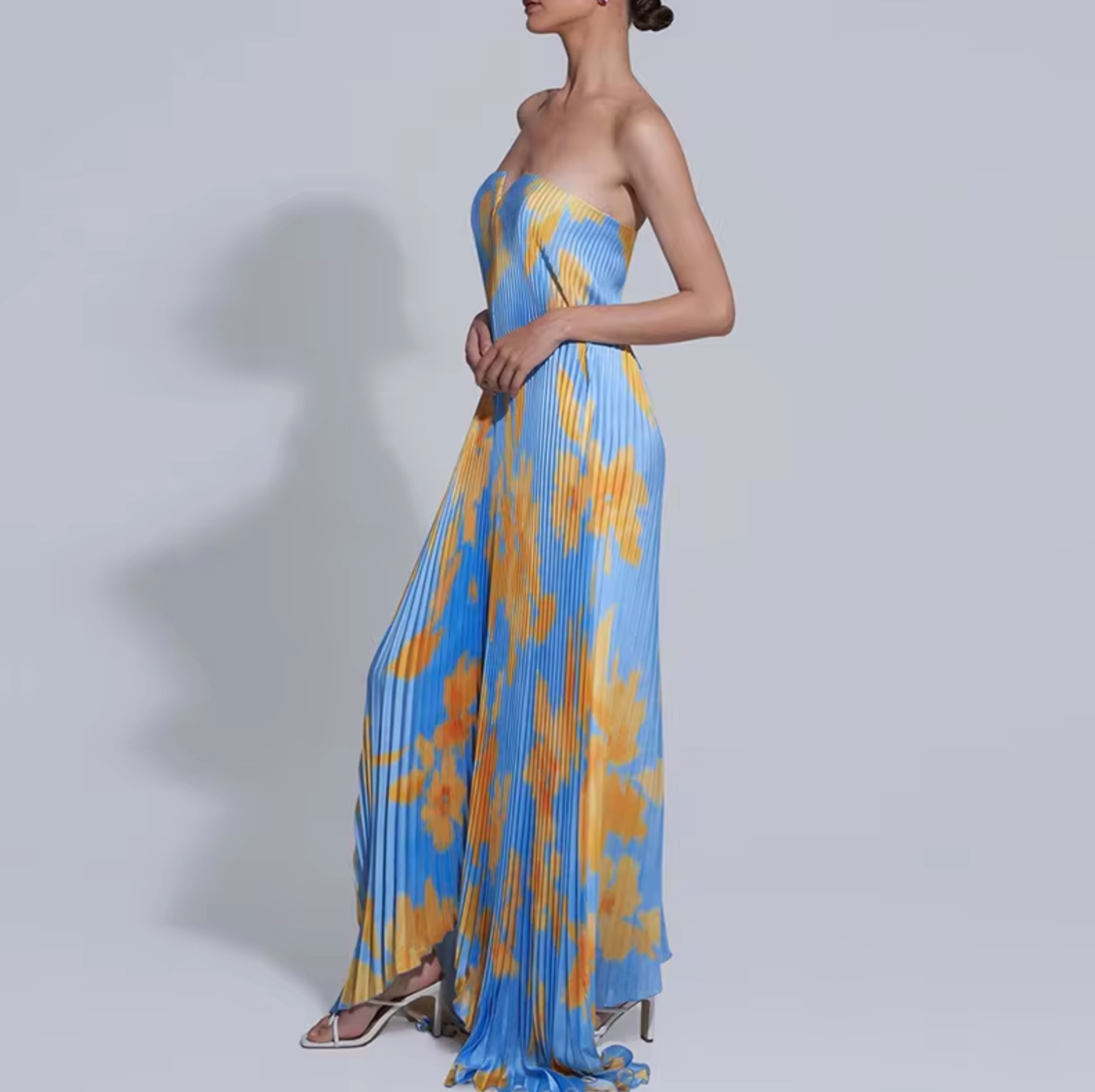 Strapless Floral Pleated A-Line Maxi Dress