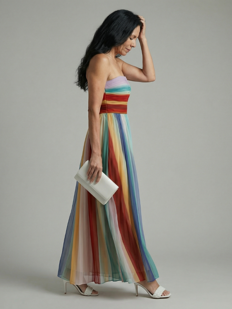 Striped Strapless Pleated Maxi Dress