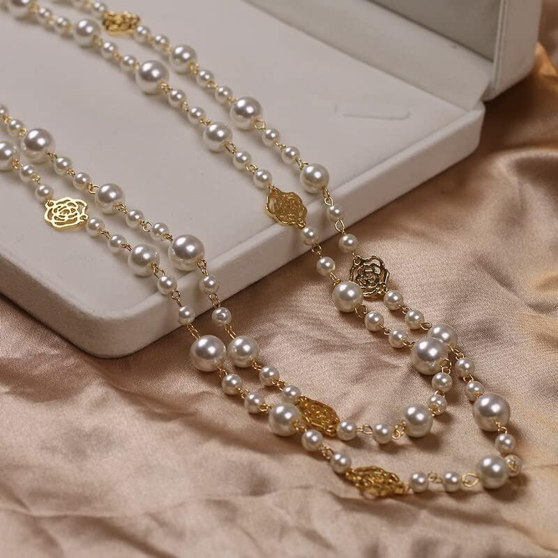 Layered Pearl Chain Necklace with Rose Charms