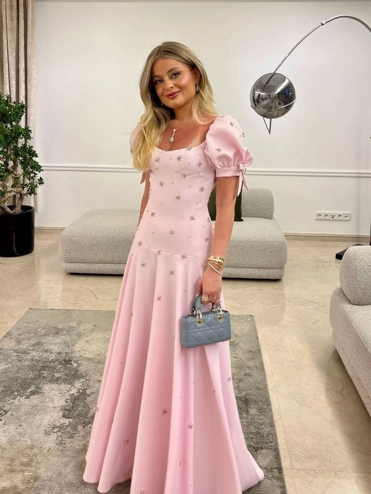 Pink Elegant Short Sleeves Prom Dress Evening Gown   fg7614