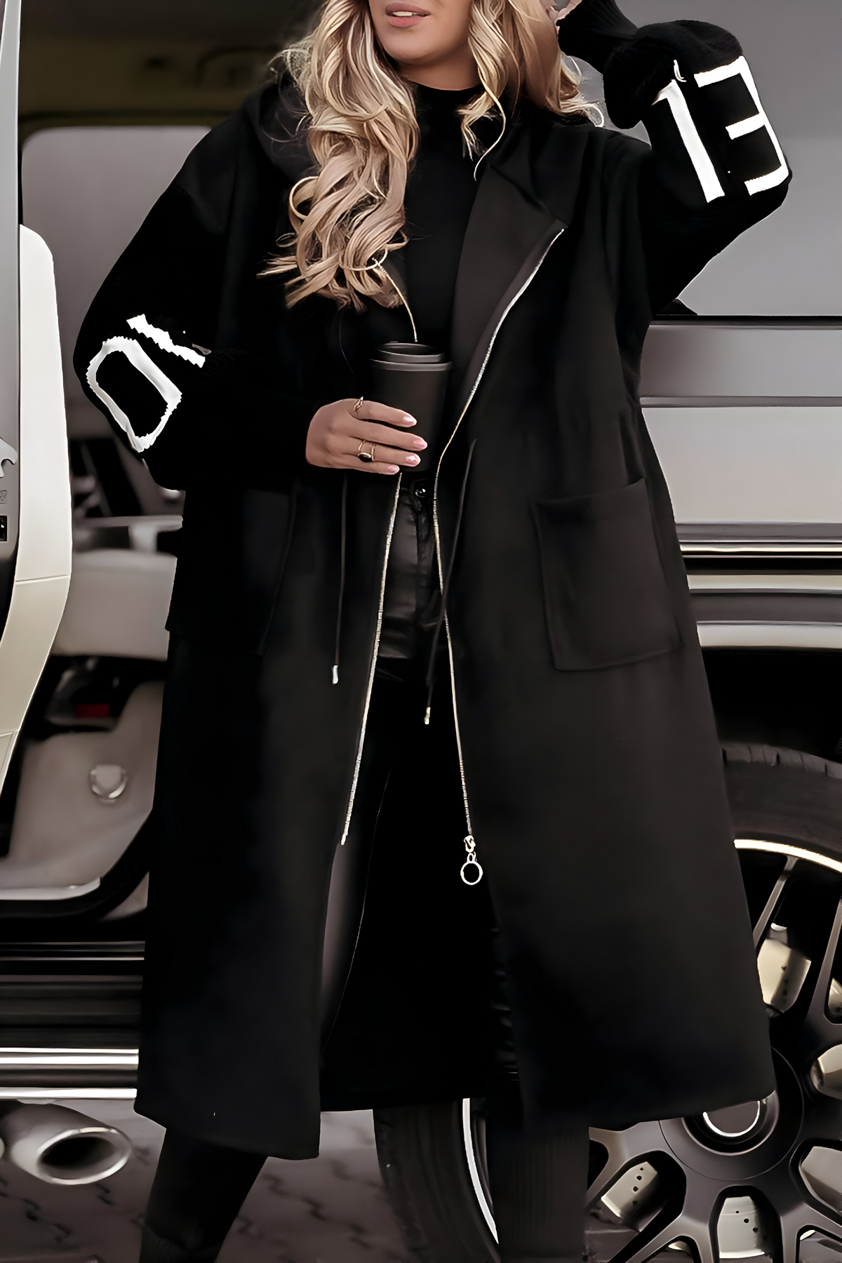 Hooded Zip Front Contrast Knit Sleeve Longline Coat