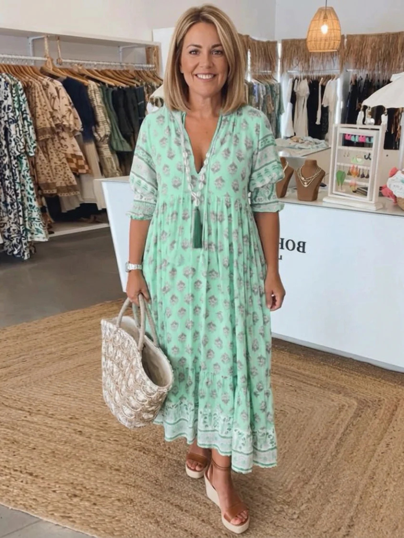 Floral Print V-Neck Bell Sleeve Tiered Boho Maxi Dress