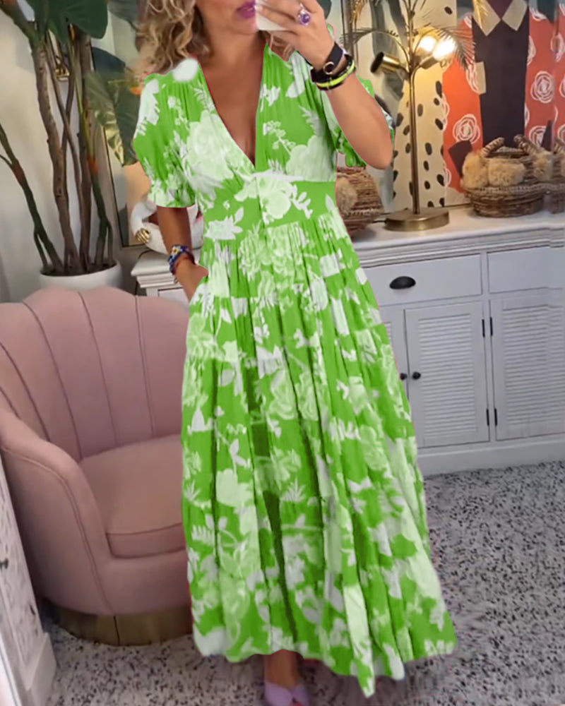 Floral Print Deep V-Neck Puff Sleeve Empire Waist Tiered Pocket Maxi Dress