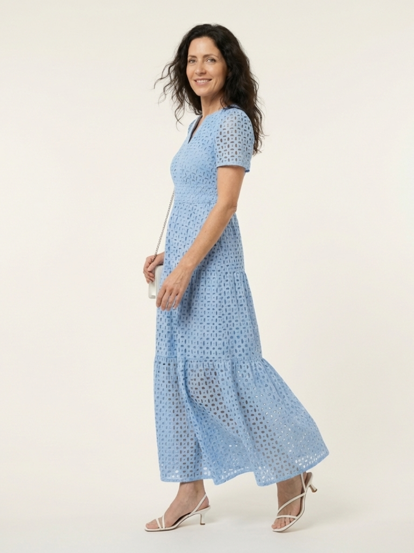 Eyelet Lace V-Neck Short Sleeve Tiered Maxi Dress