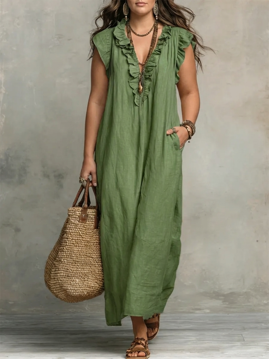 Ruffle V-Neck Sleeveless Pocket Linen Maxi Dress