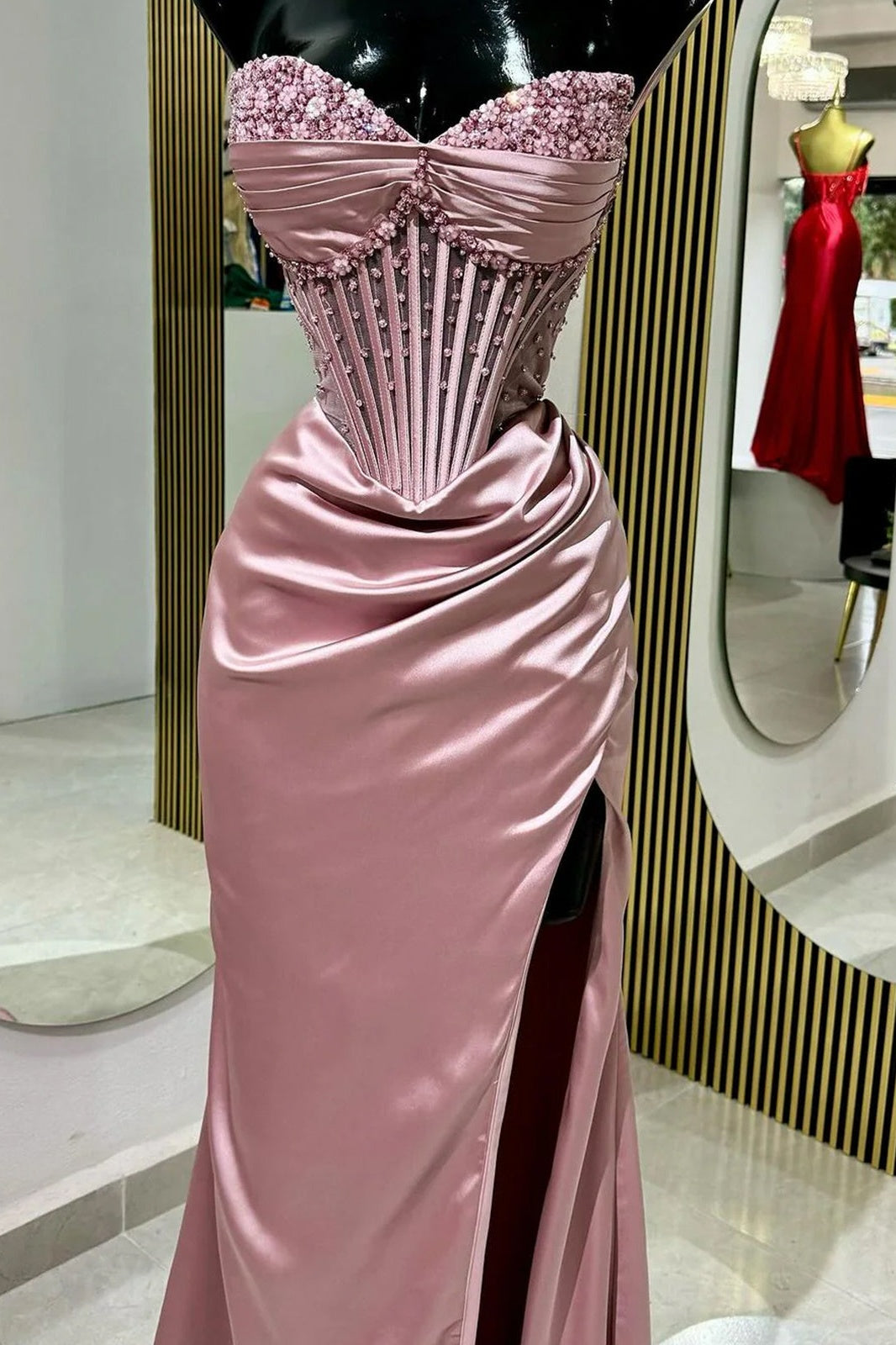 Chic Mermaid Spaghetti Straps Long Satin Formal Dress with Beading