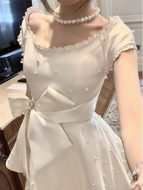 Pearl Satin A-Line Birthday Dress Bow Homecoming Dress