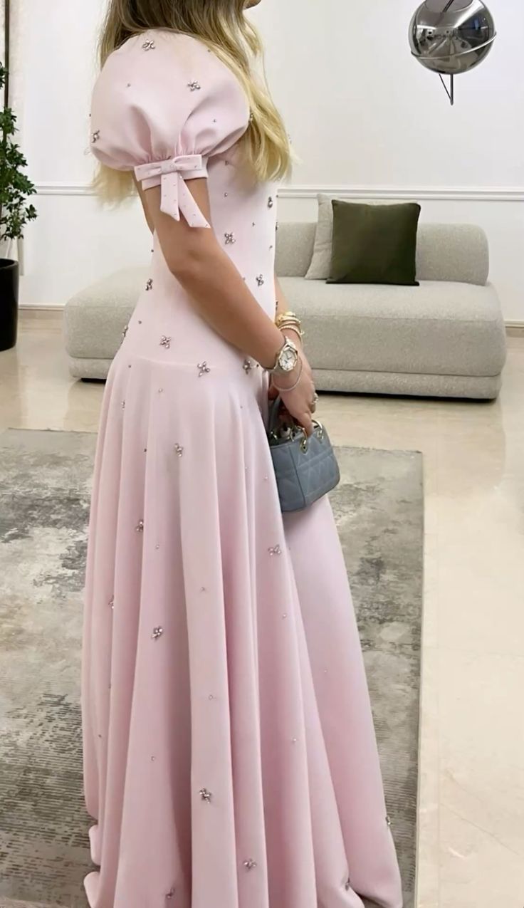 Pink Elegant Short Sleeves Prom Dress Evening Gown   fg7614