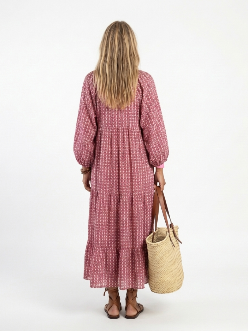 Print V-Neck Long Puff Sleeve Tiered Maxi Dress