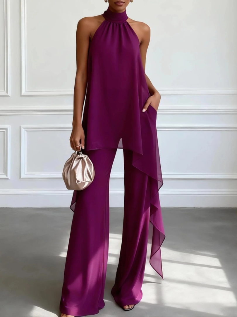 Halter Neck Chiffon Overlay Top and Wide Leg Pants Two Piece Set