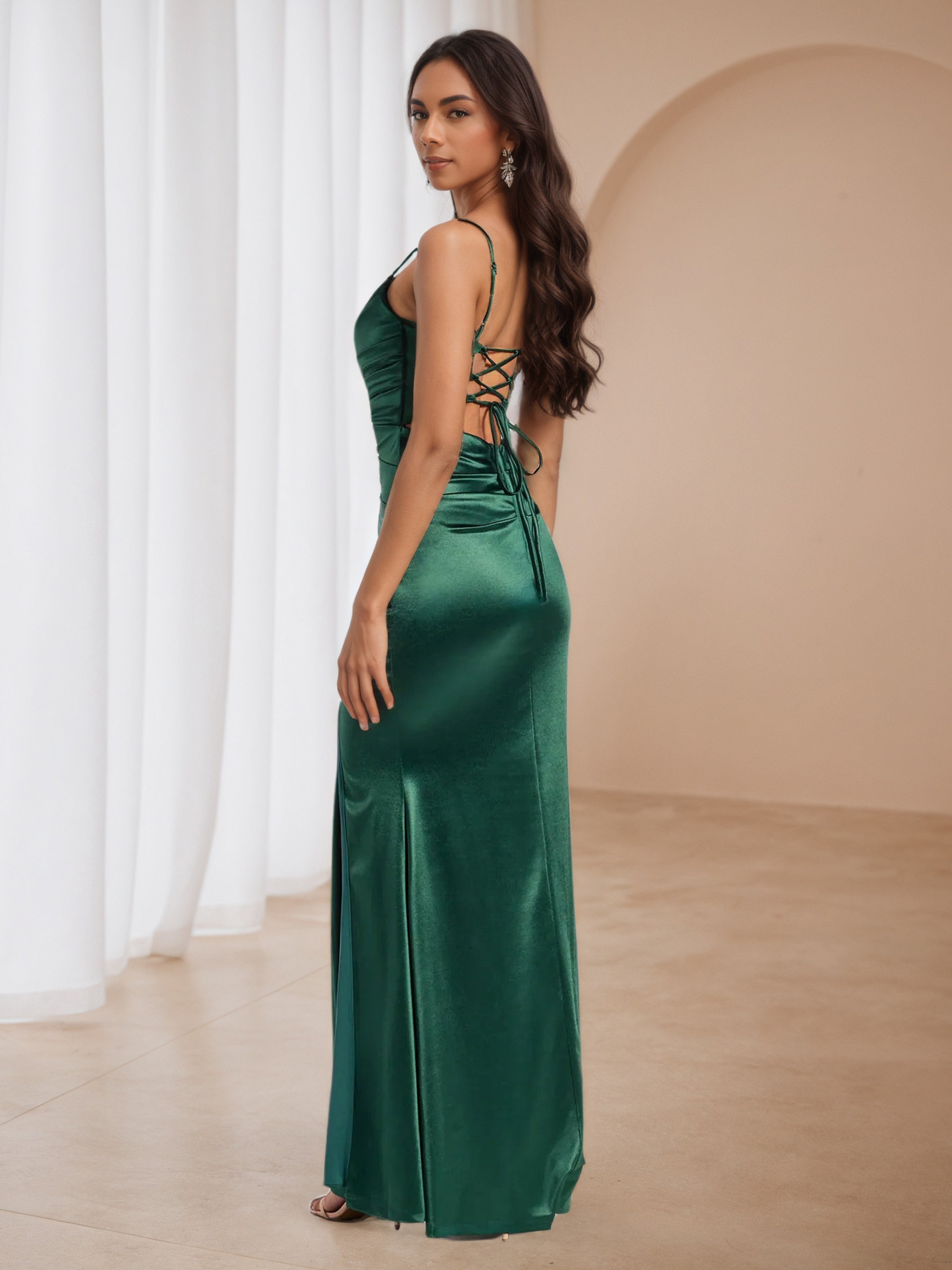 Sheath/Column Dark Green V-Neck Long Formal Dresses