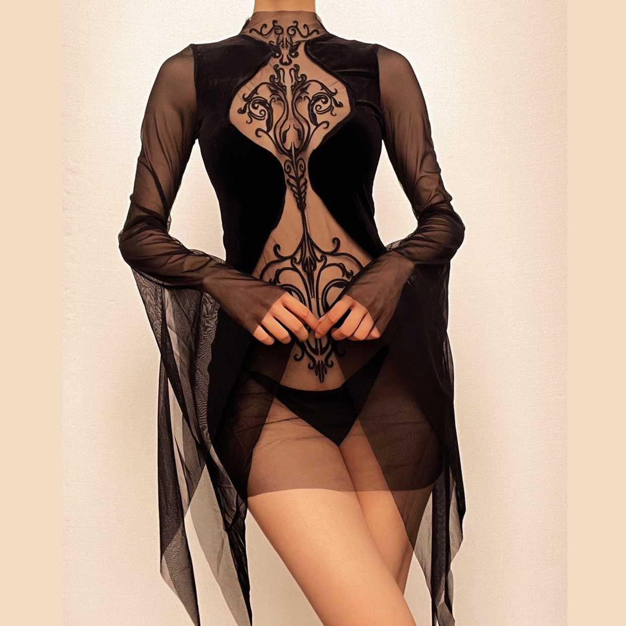 Mesh crewneck long sleeve see through embroidery mini dress 2