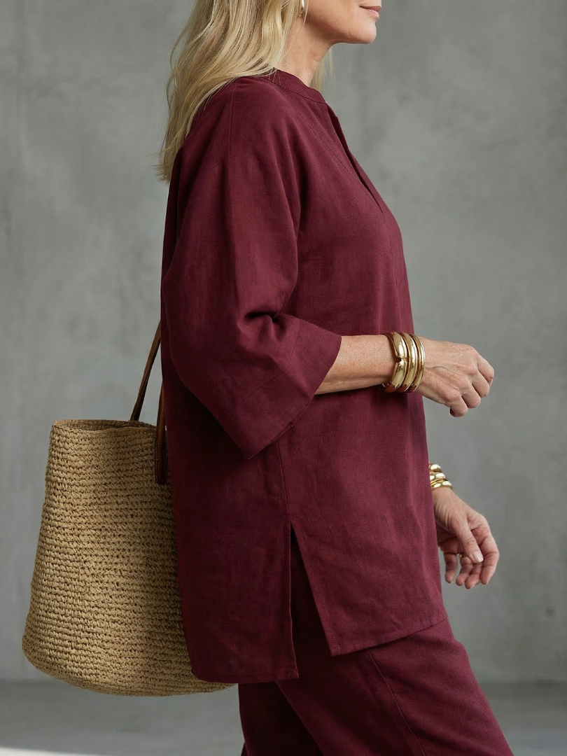 Notch V-Neck Tunic Top and Pants Two Piece Set