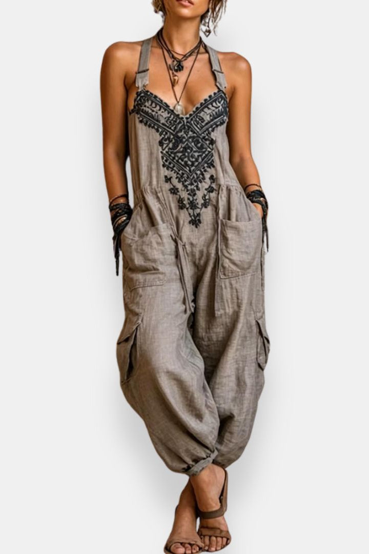 Embroidered Halter Neck Pocket Wide Leg Jumpsuit