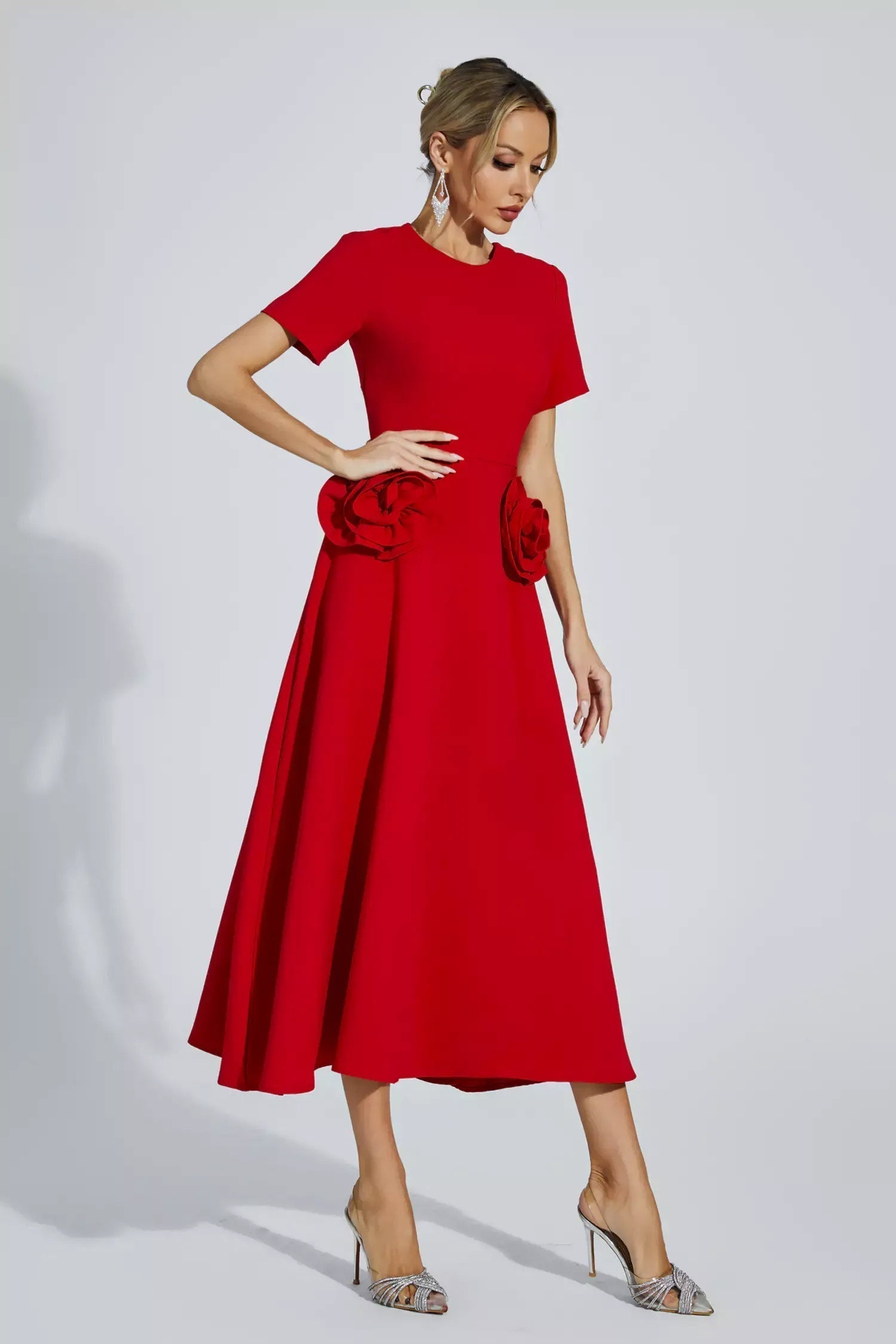 Short Sleeve Pocket Fit and Flare Midi Dress